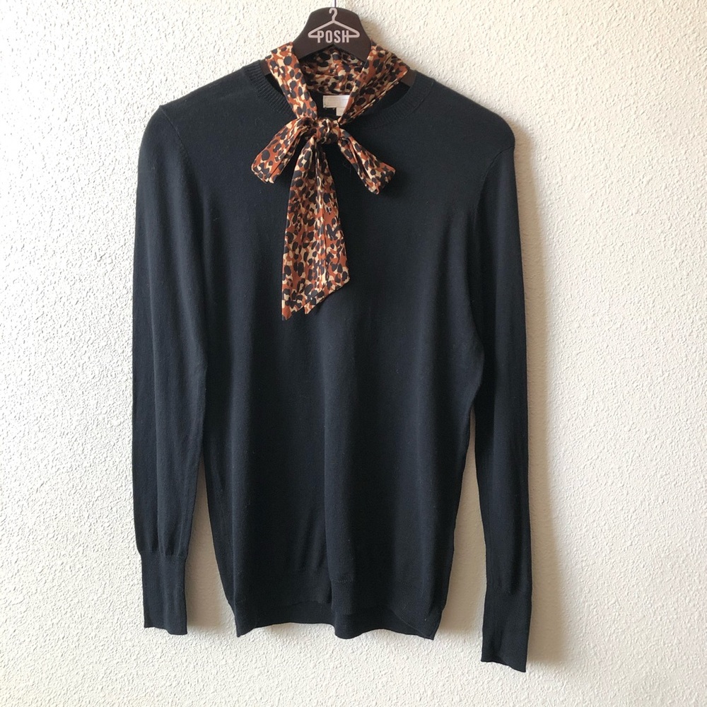 NWT 14th & Union Tie Scarf Knit Pullover in Leopard XS Office Academia Business